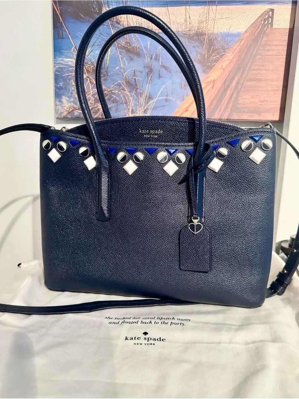 NWOT Kate Spade Margaux Jeweled Large Satchel Blazer Blue W/ Dust Bag